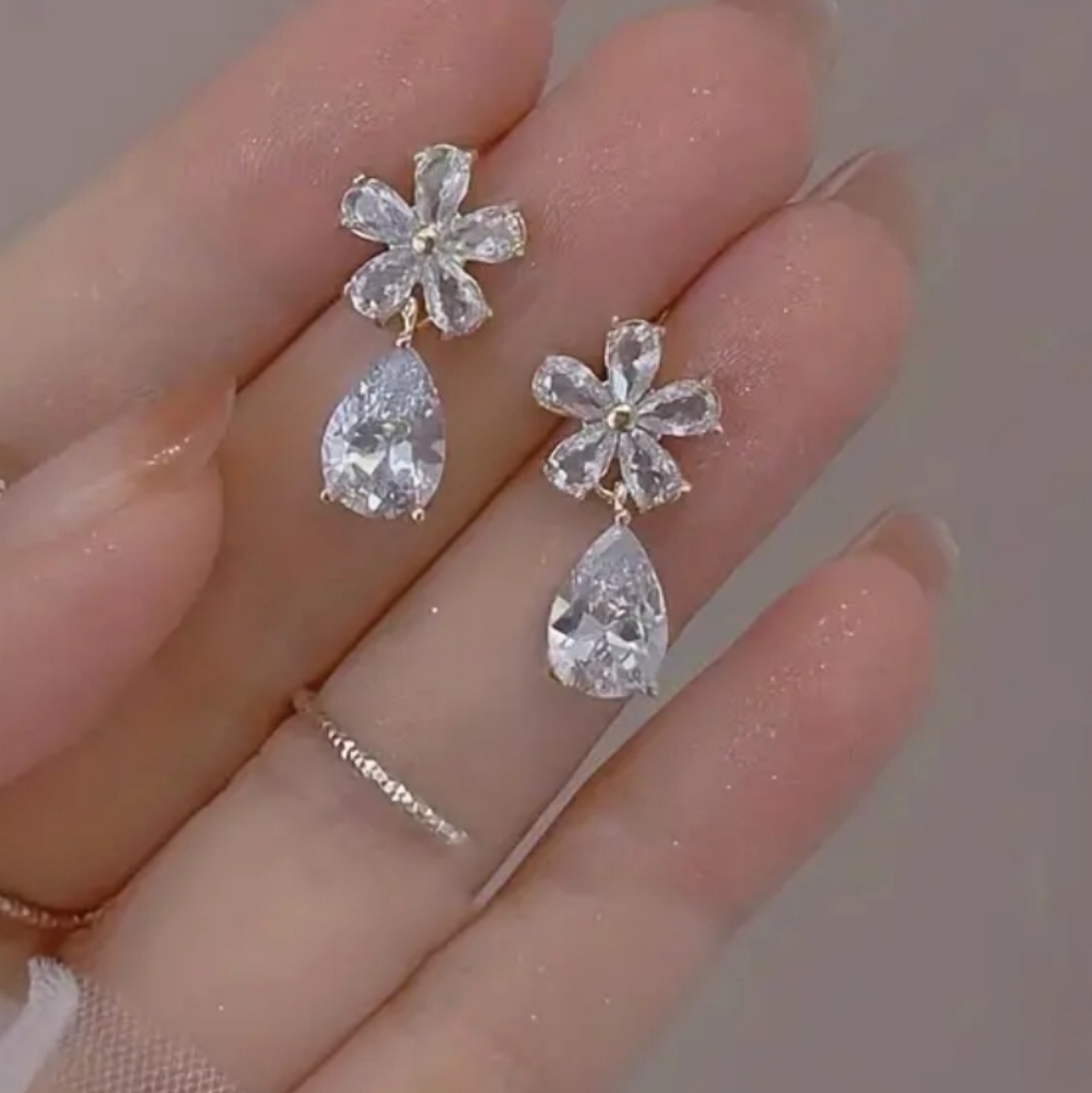Flower Tear Drop Earrings - Picture 2 of 5